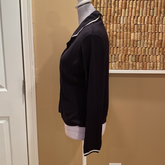 Ann Taylor Black Button Down Cardigan with White Stripes on Collar and Cuffs - Picture 5 of 15
